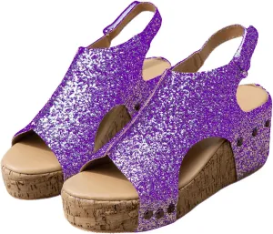Wedge Sandals For Women Comfortable Dressy Open Toe Ankle Strap Casual Slip on Platform Sparkly Glitter Summer Dress Shoes