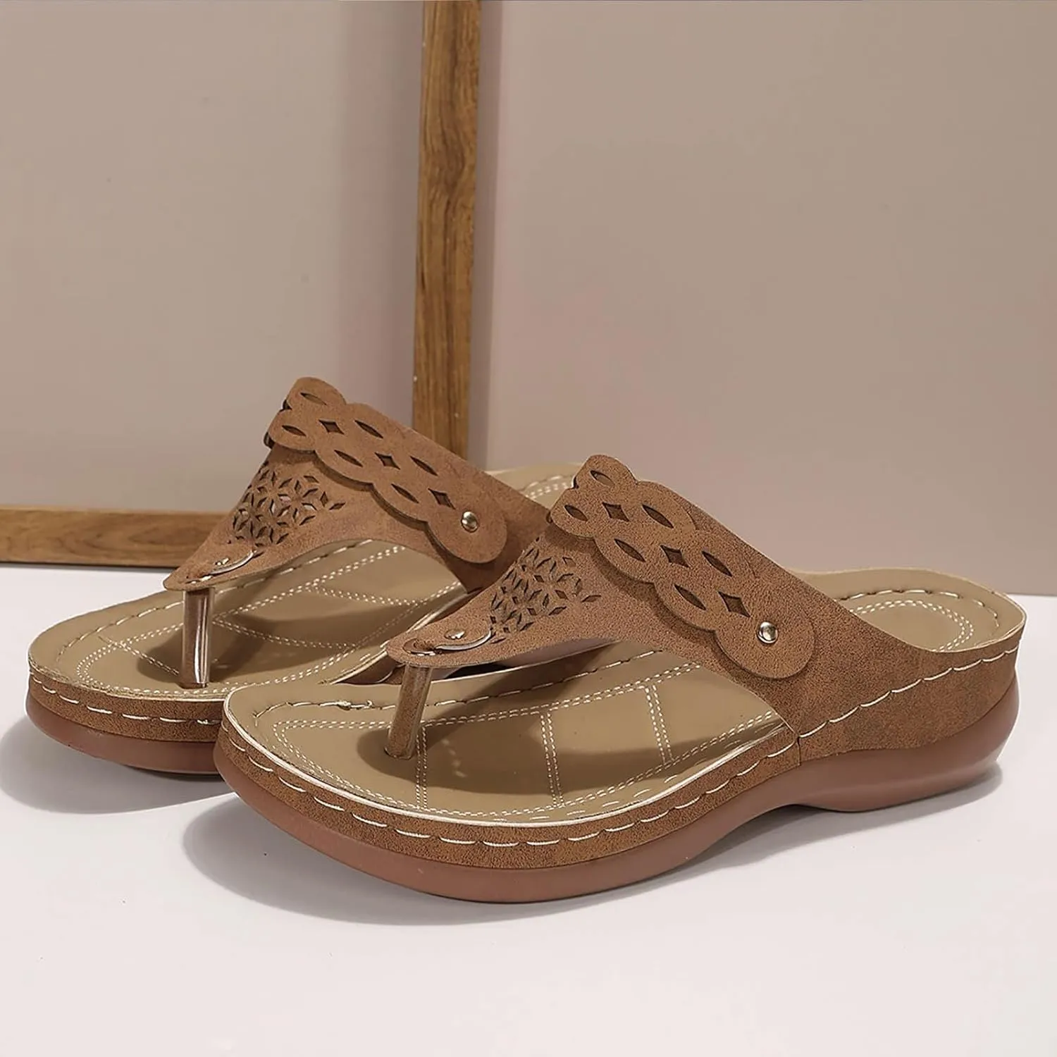 Wedge Sandals for Women Slip on Open Toe Hollow Out Comfortable Beach Walking Flip Flops Arch Support Platform Summer Thong Casual Shoes
