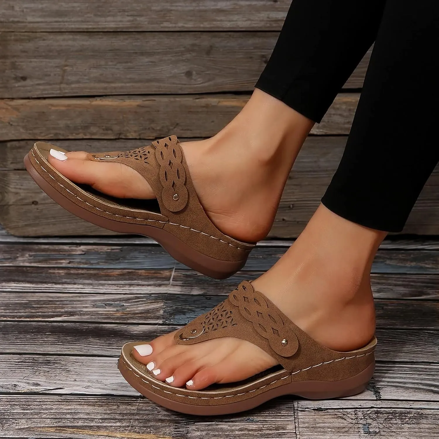 Wedge Sandals for Women Slip on Open Toe Hollow Out Comfortable Beach Walking Flip Flops Arch Support Platform Summer Thong Casual Shoes