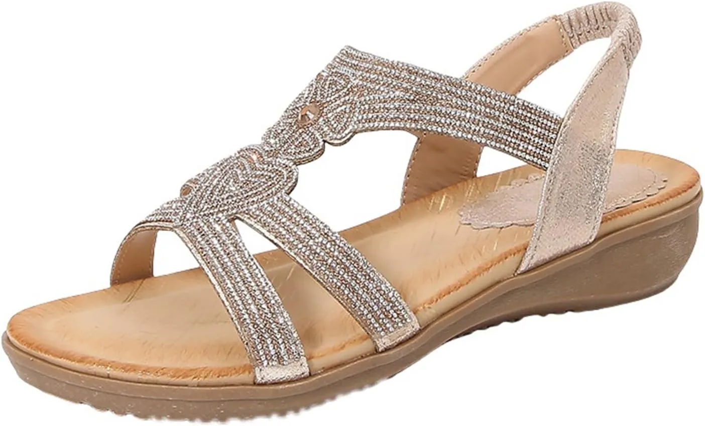 Womens Flats Bohemia Glitter Love Pattern Sandals Open Toe Ankle Strap Beach Sandal Comfortable Summer Dress Shoes