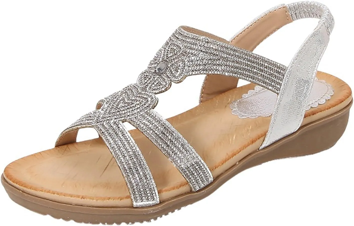 Womens Flats Bohemia Glitter Love Pattern Sandals Open Toe Ankle Strap Beach Sandal Comfortable Summer Dress Shoes