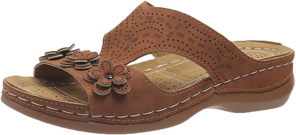 Womens Leather Low Wedge Sandals Comfortable Walking Casual Slip on Summer Sandals Rubber Sole Slippers Summer Beach Vacation Shoes