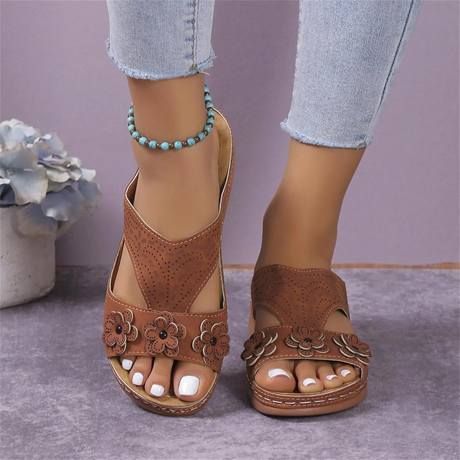 Womens Leather Low Wedge Sandals Comfortable Walking Casual Slip on Summer Sandals Rubber Sole Slippers Summer Beach Vacation Shoes