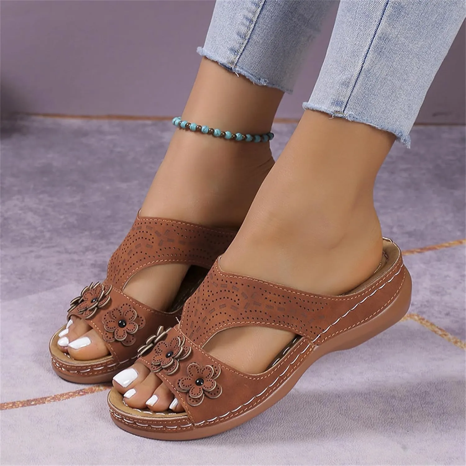Womens Leather Low Wedge Sandals Comfortable Walking Casual Slip on Summer Sandals Rubber Sole Slippers Summer Beach Vacation Shoes