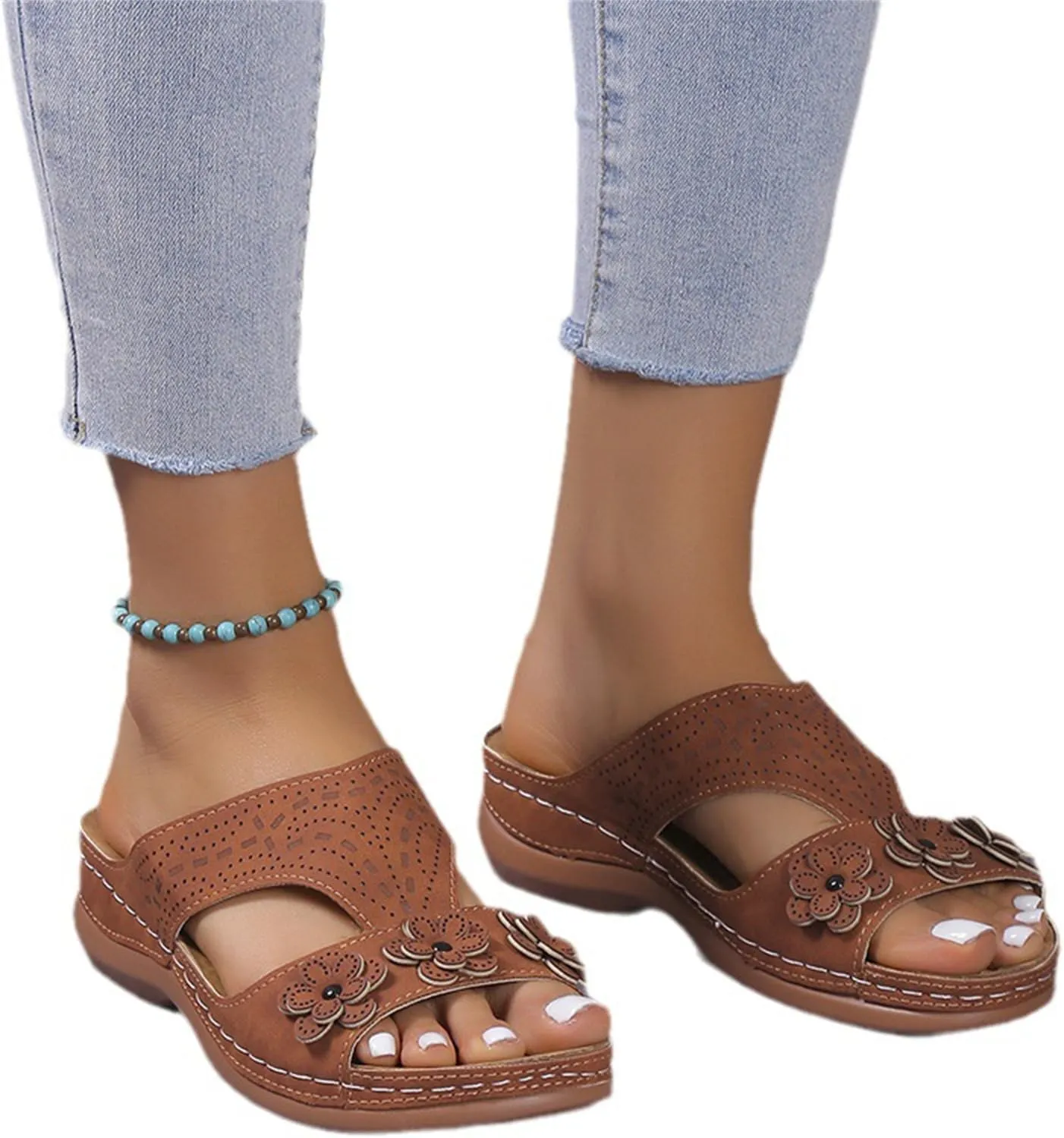 Womens Leather Low Wedge Sandals Comfortable Walking Casual Slip on Summer Sandals Rubber Sole Slippers Summer Beach Vacation Shoes
