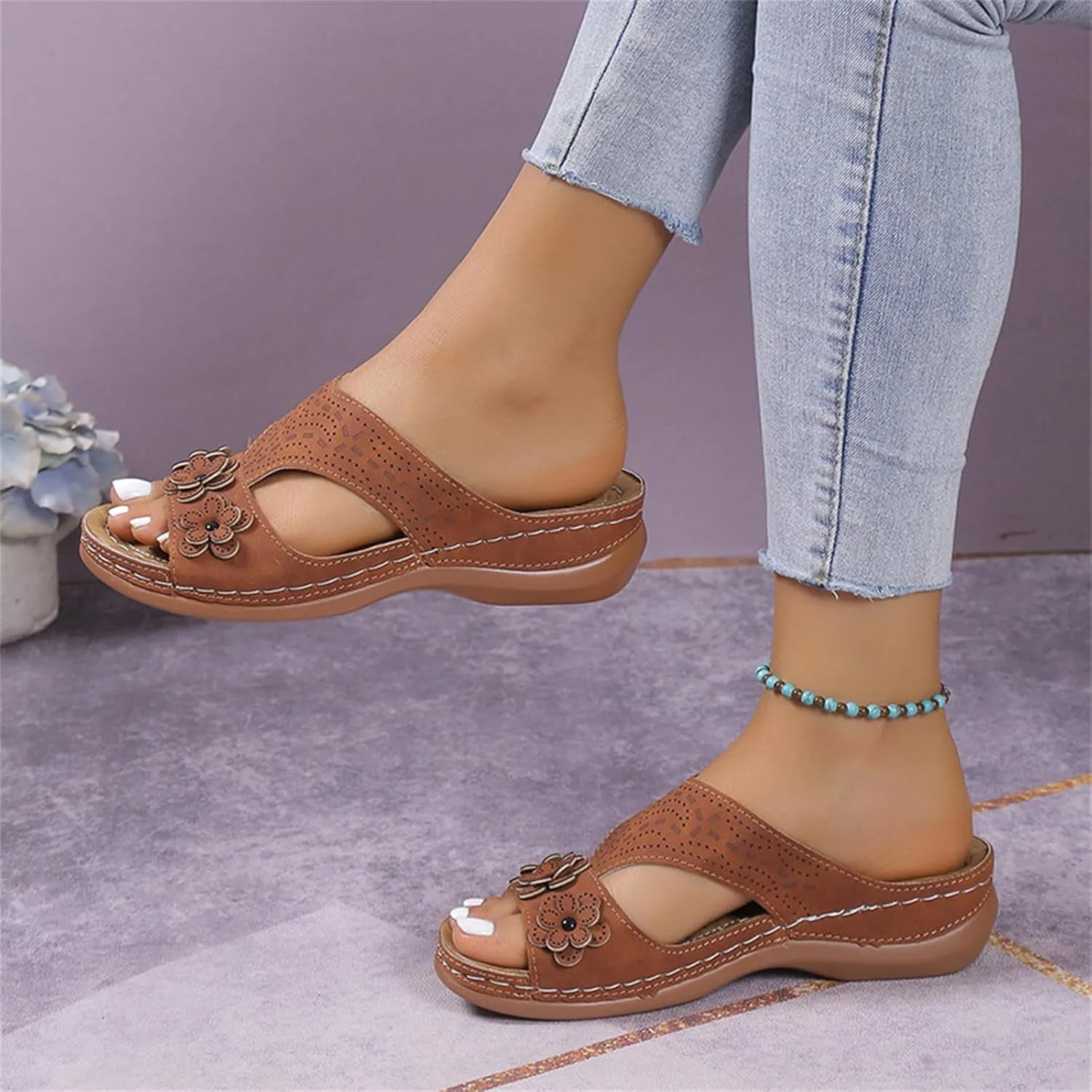 Womens Leather Low Wedge Sandals Comfortable Walking Casual Slip on Summer Sandals Rubber Sole Slippers Summer Beach Vacation Shoes