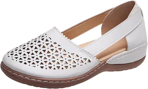 Womens Leather Sandals Comfortable Hollow Out Breathable Summer Flats Low Heel Travel Shoes Slip on Loafers Outdoor Walking Beach Sandals