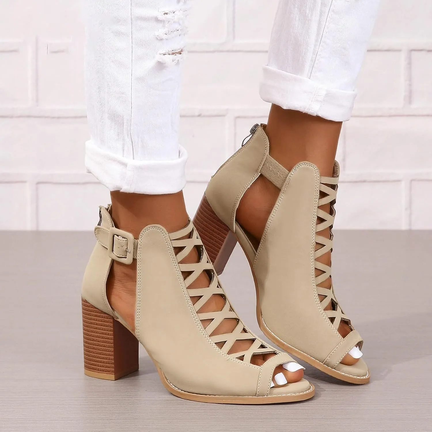 Women's Open Toe Booties with Block Heel and Side Comfortable and Stylish Cut Women's High Heel Shoes Replacement Tips