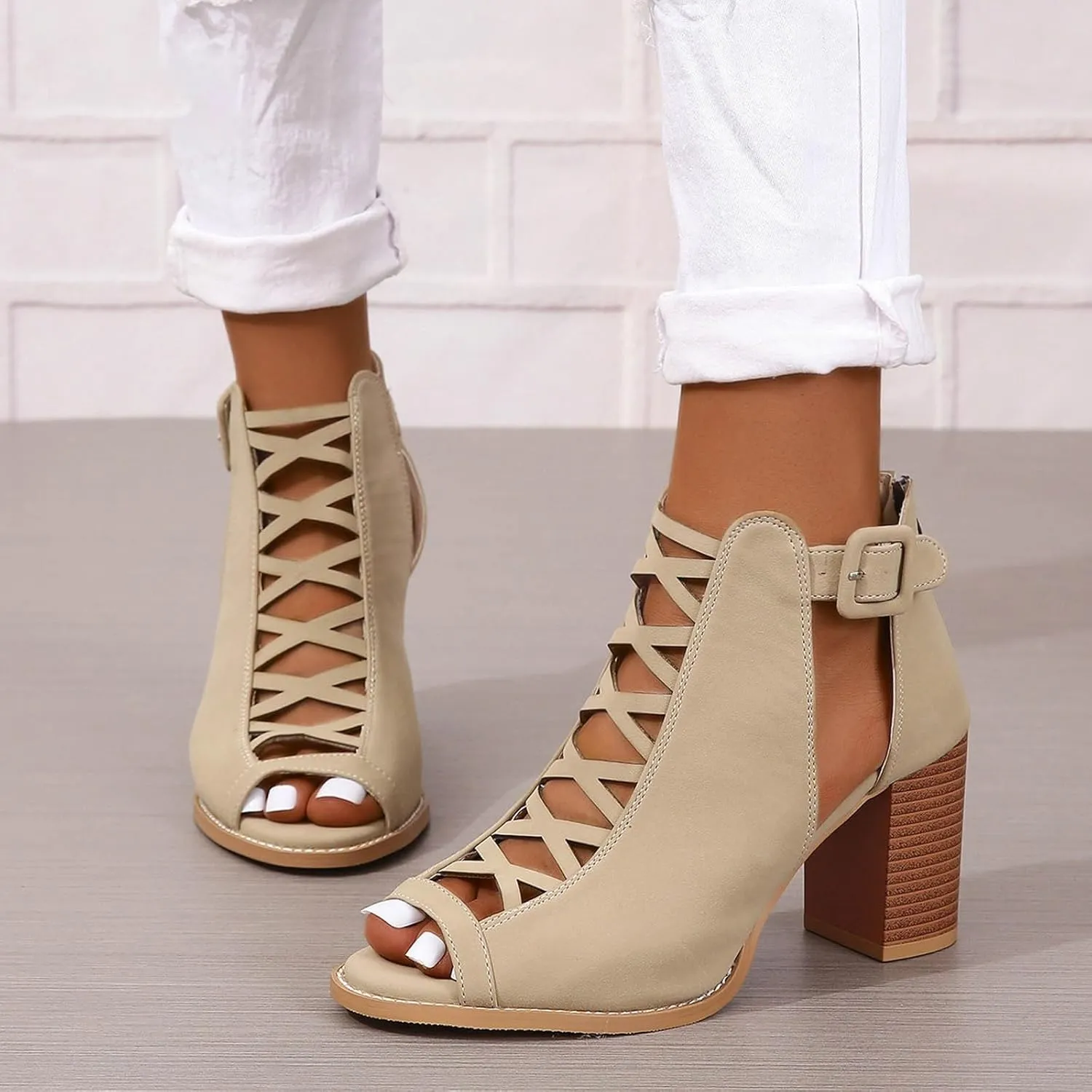Women's Open Toe Booties with Block Heel and Side Comfortable and Stylish Cut Women's High Heel Shoes Replacement Tips