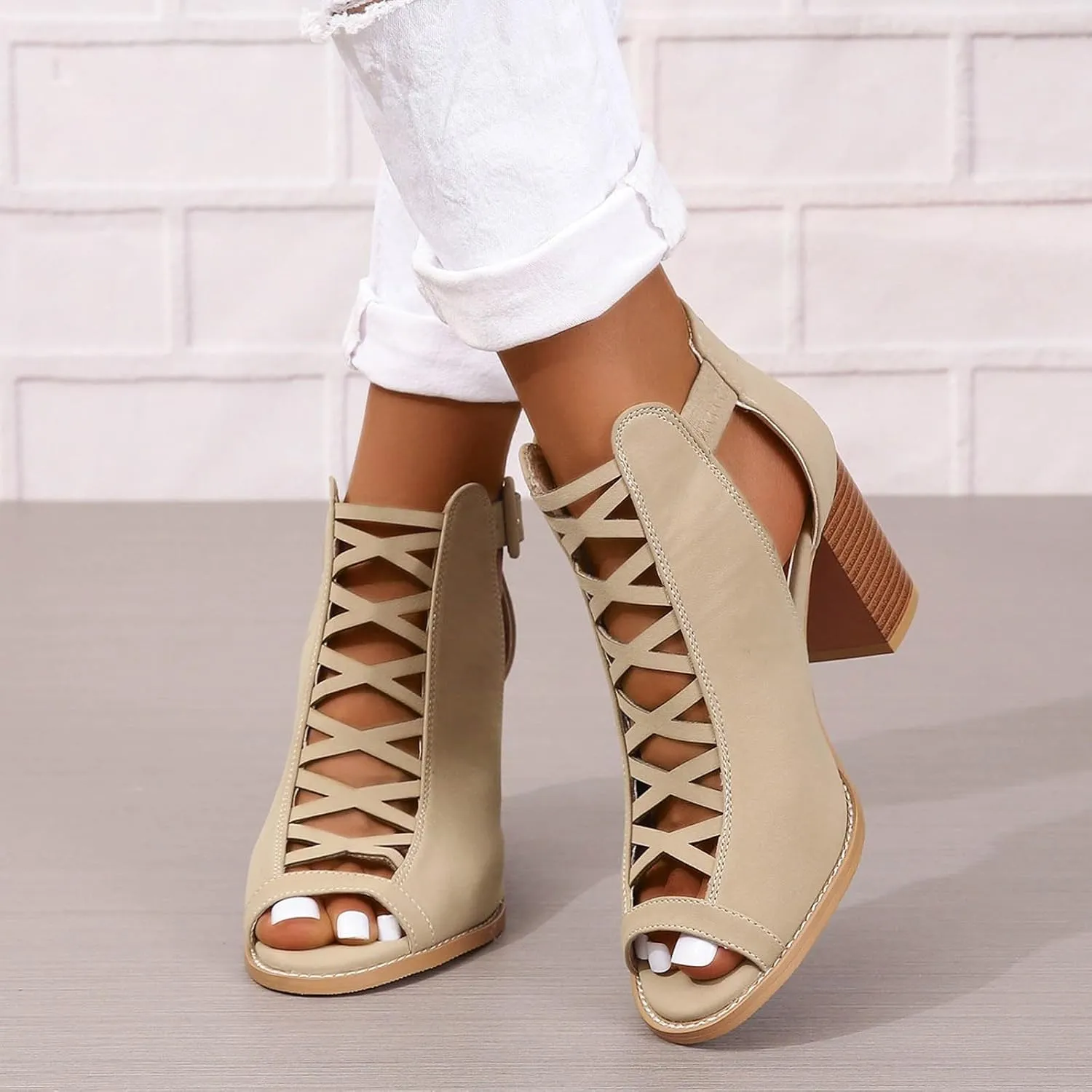 Women's Open Toe Booties with Block Heel and Side Comfortable and Stylish Cut Women's High Heel Shoes Replacement Tips