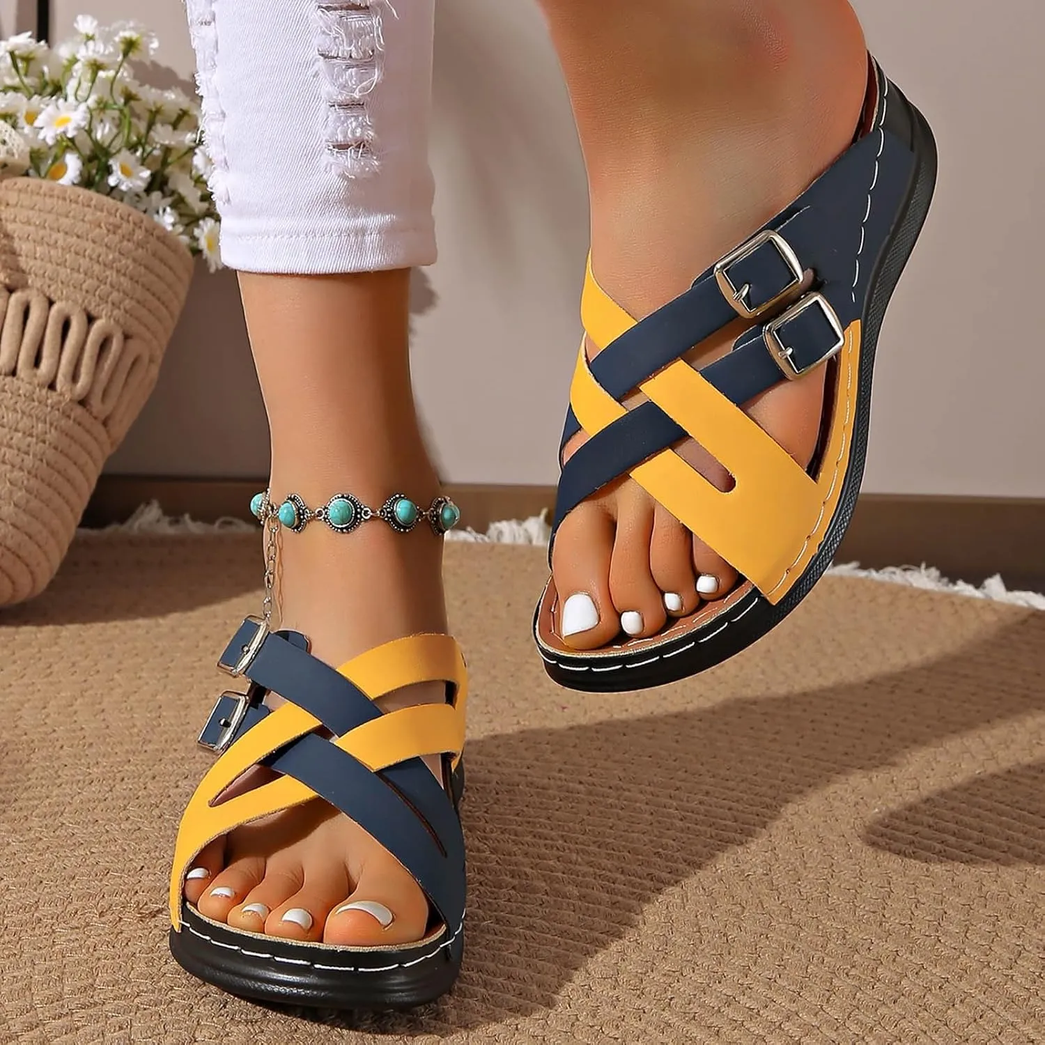 Womens Orthopedic Sandals Cross Strap Platform Wedges Summer Arch Support Orthopedic Slippers Walking Shoes Comfortable Open Toe Slip on Beach Sandals