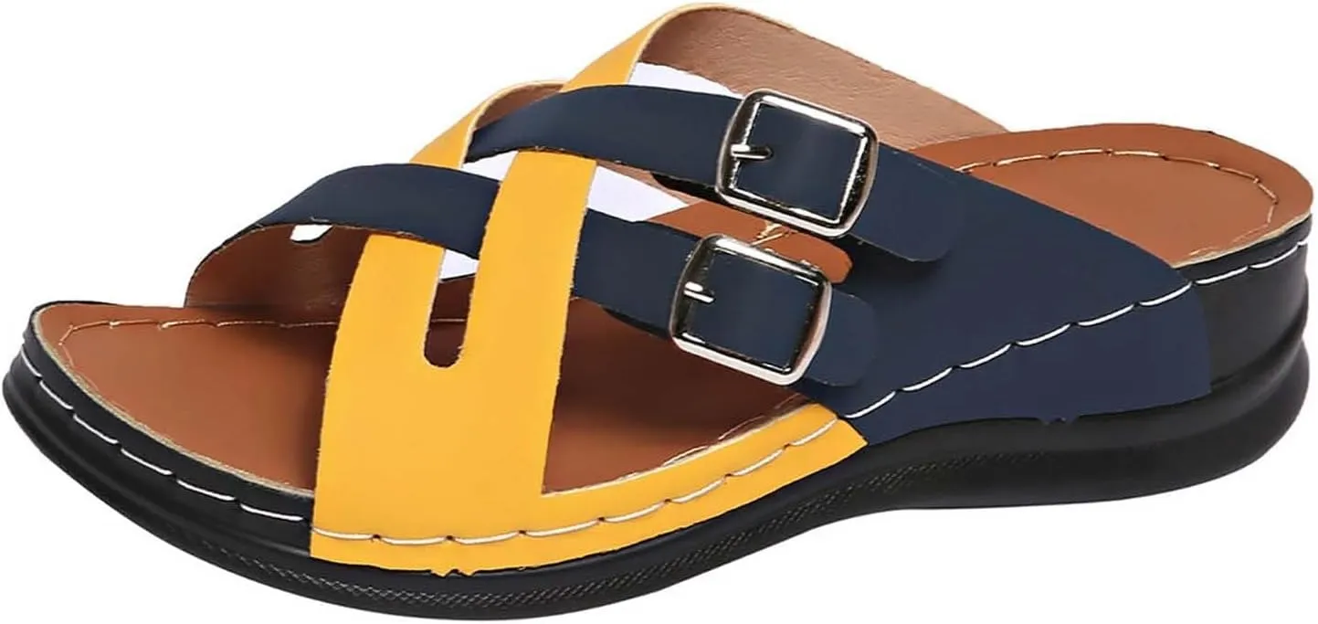 Womens Orthopedic Sandals Cross Strap Platform Wedges Summer Arch Support Orthopedic Slippers Walking Shoes Comfortable Open Toe Slip on Beach Sandals