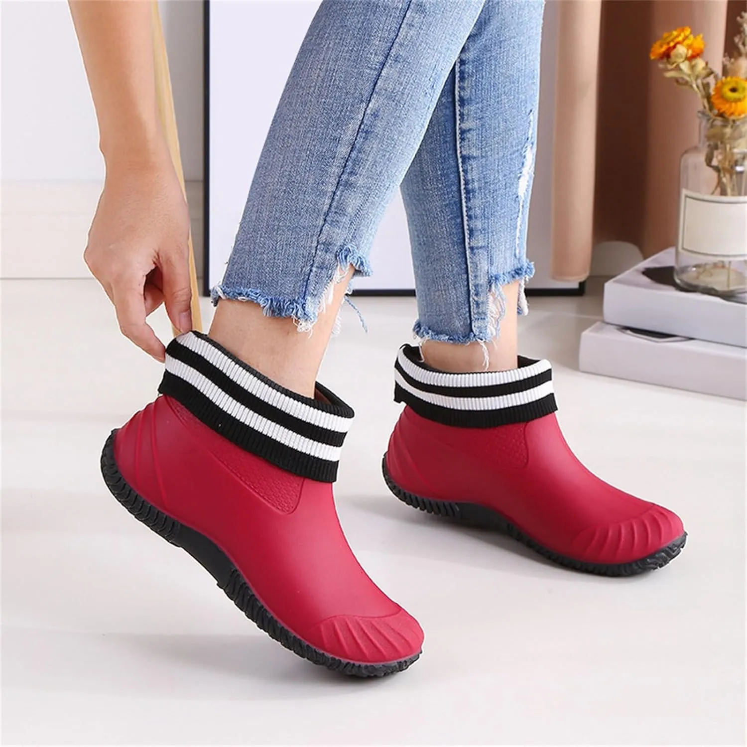 Womens Rain Boots Ankle Knit Lined Mens Grounded Footwear Booties with Heel Non Slip Work Barefoot Shoes Mens Rain Boots Slip On Non-Slip Rubber Waterproof Men's Snow Boots