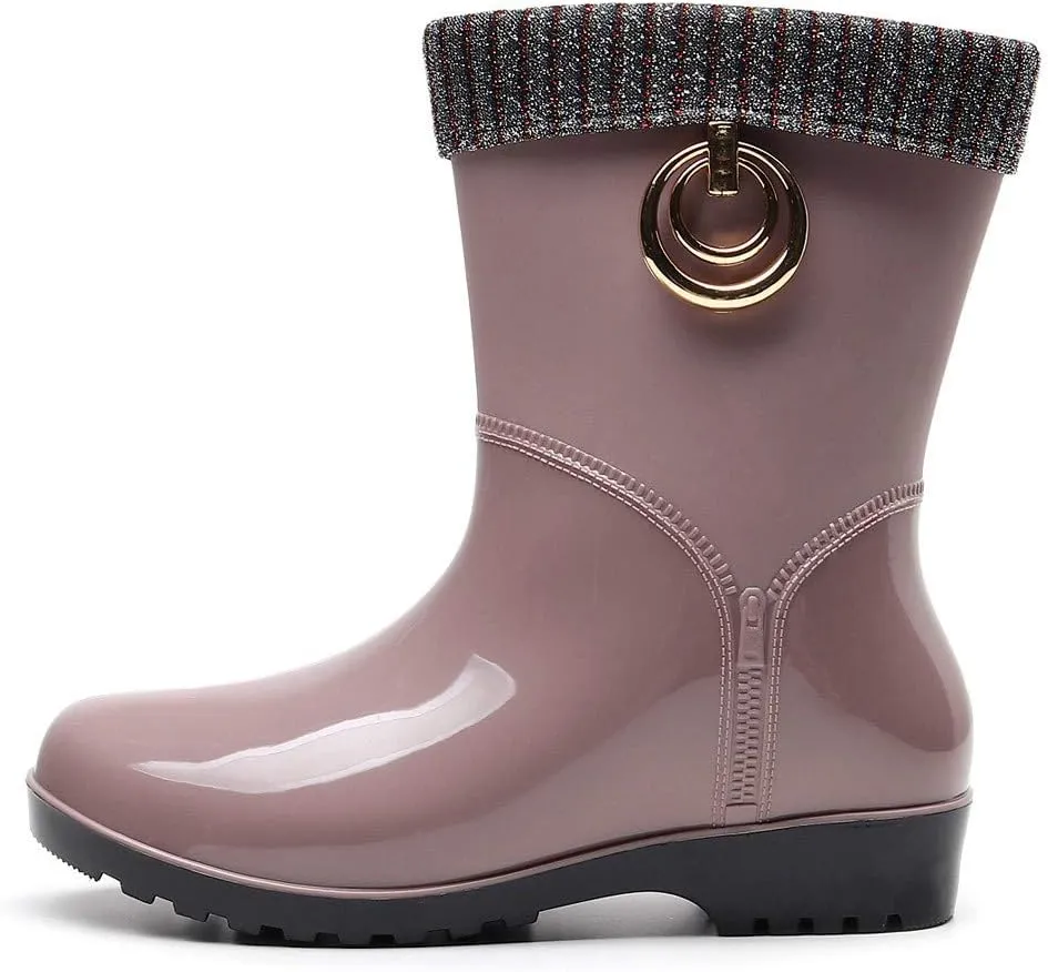 Womens Rain Boots Tall Waterproof Knitted Lined Mens Grounded Footwear Booties Barefoot Shoes Casual Fall Mid Calf Rain Boots for Women,Waterproof Garden Womens Winter Boots