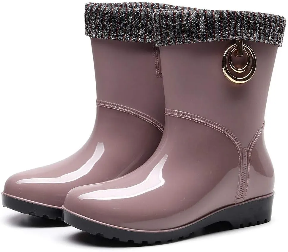 Womens Rain Boots Tall Waterproof Knitted Lined Mens Grounded Footwear Booties Barefoot Shoes Casual Fall Mid Calf Rain Boots for Women,Waterproof Garden Womens Winter Boots