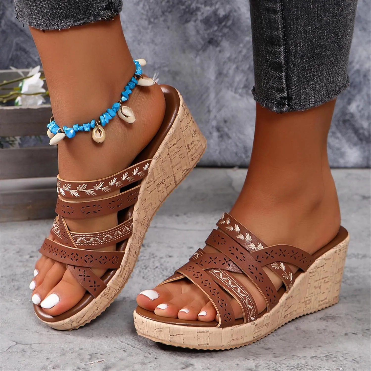 Womens Resort Wedge Sandals Dressy Casual Slip on Sandal Shoes Slip on Comfortable Walking Slides with Rubber Sole