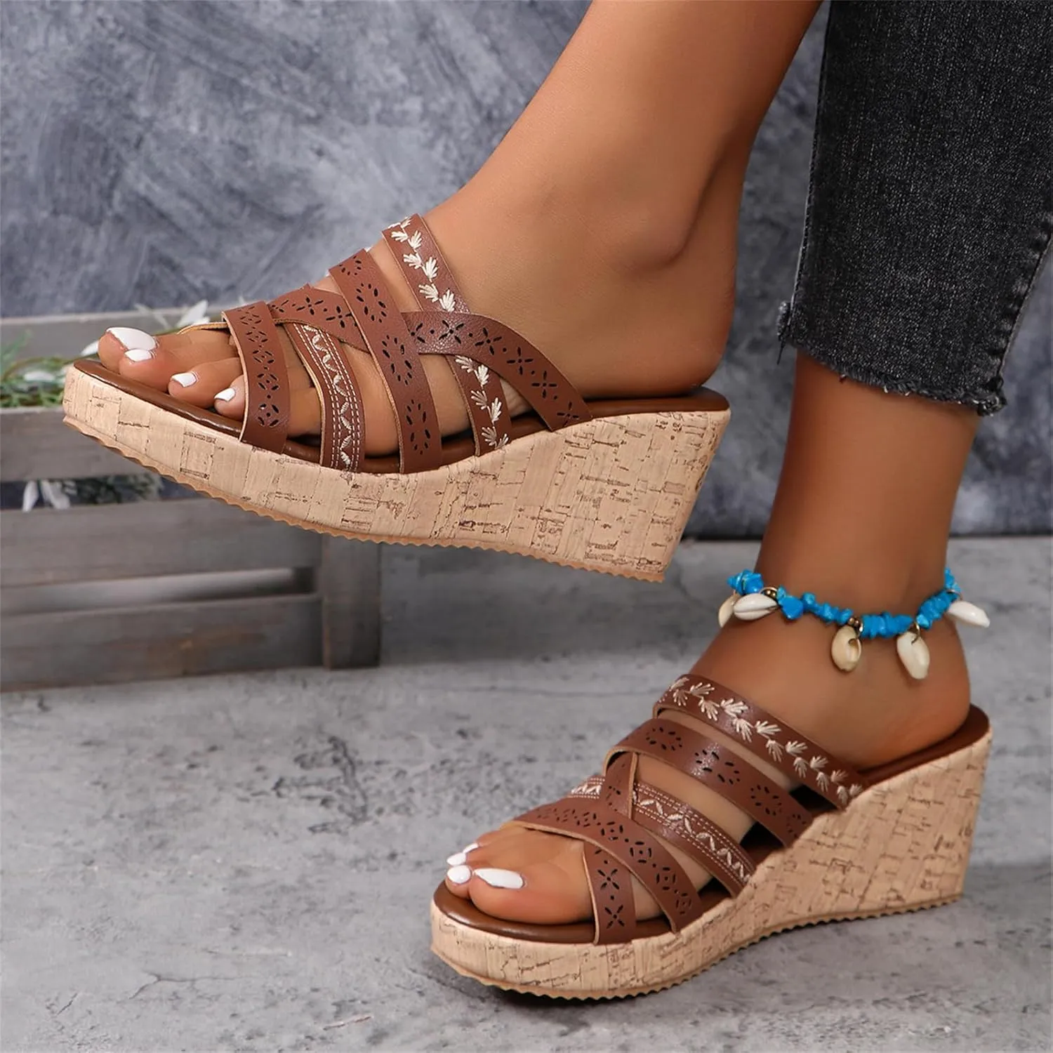 Womens Resort Wedge Sandals Dressy Casual Slip on Sandal Shoes Slip on Comfortable Walking Slides with Rubber Sole