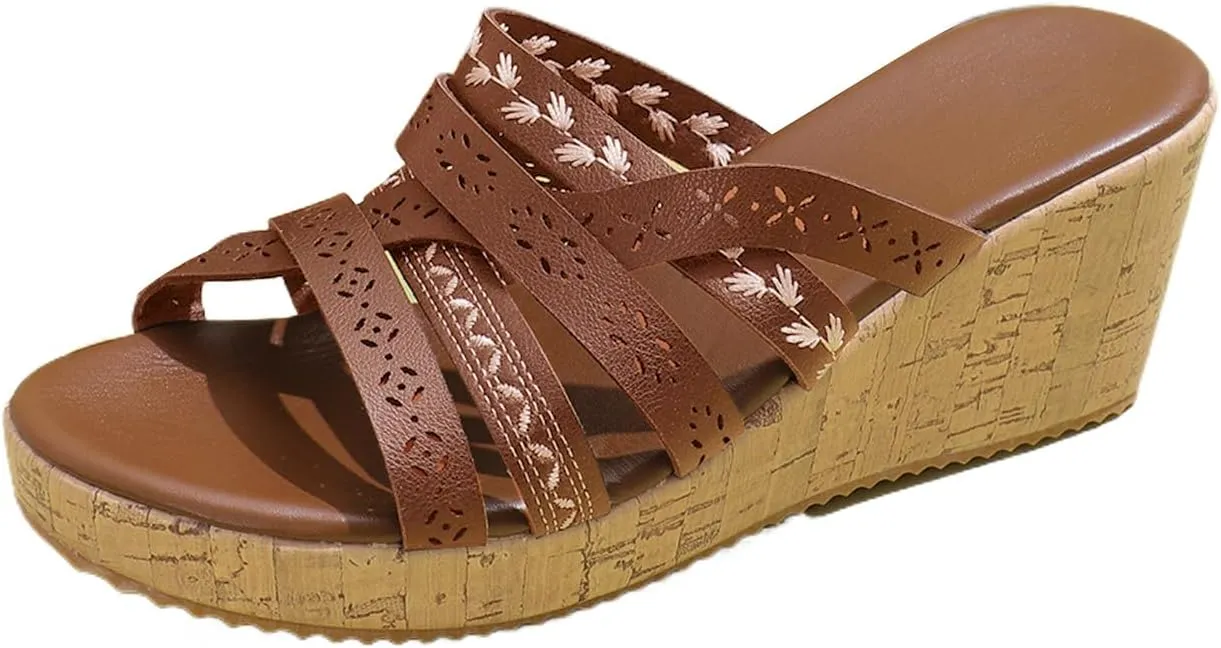 Womens Resort Wedge Sandals Dressy Casual Slip on Sandal Shoes Slip on Comfortable Walking Slides with Rubber Sole