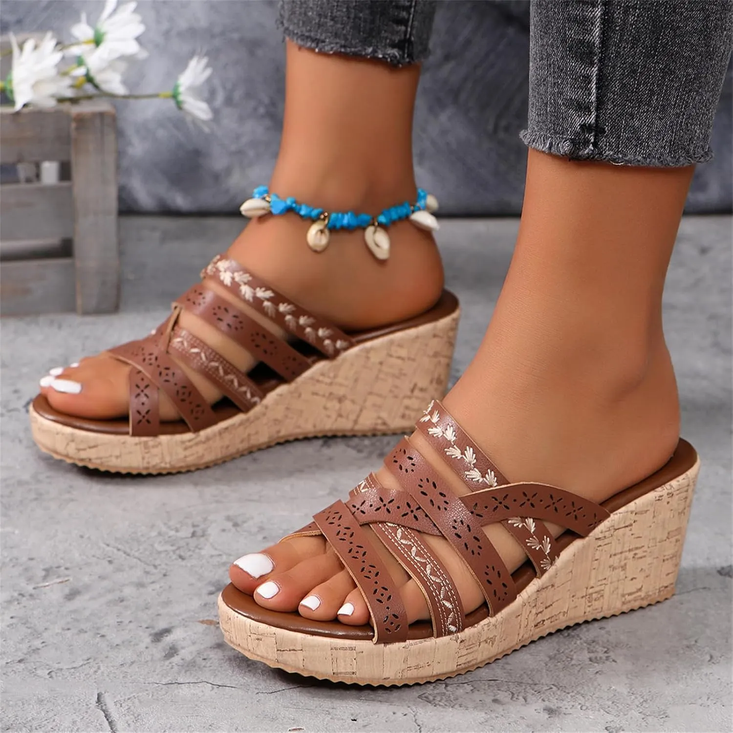 Womens Resort Wedge Sandals Dressy Casual Slip on Sandal Shoes Slip on Comfortable Walking Slides with Rubber Sole