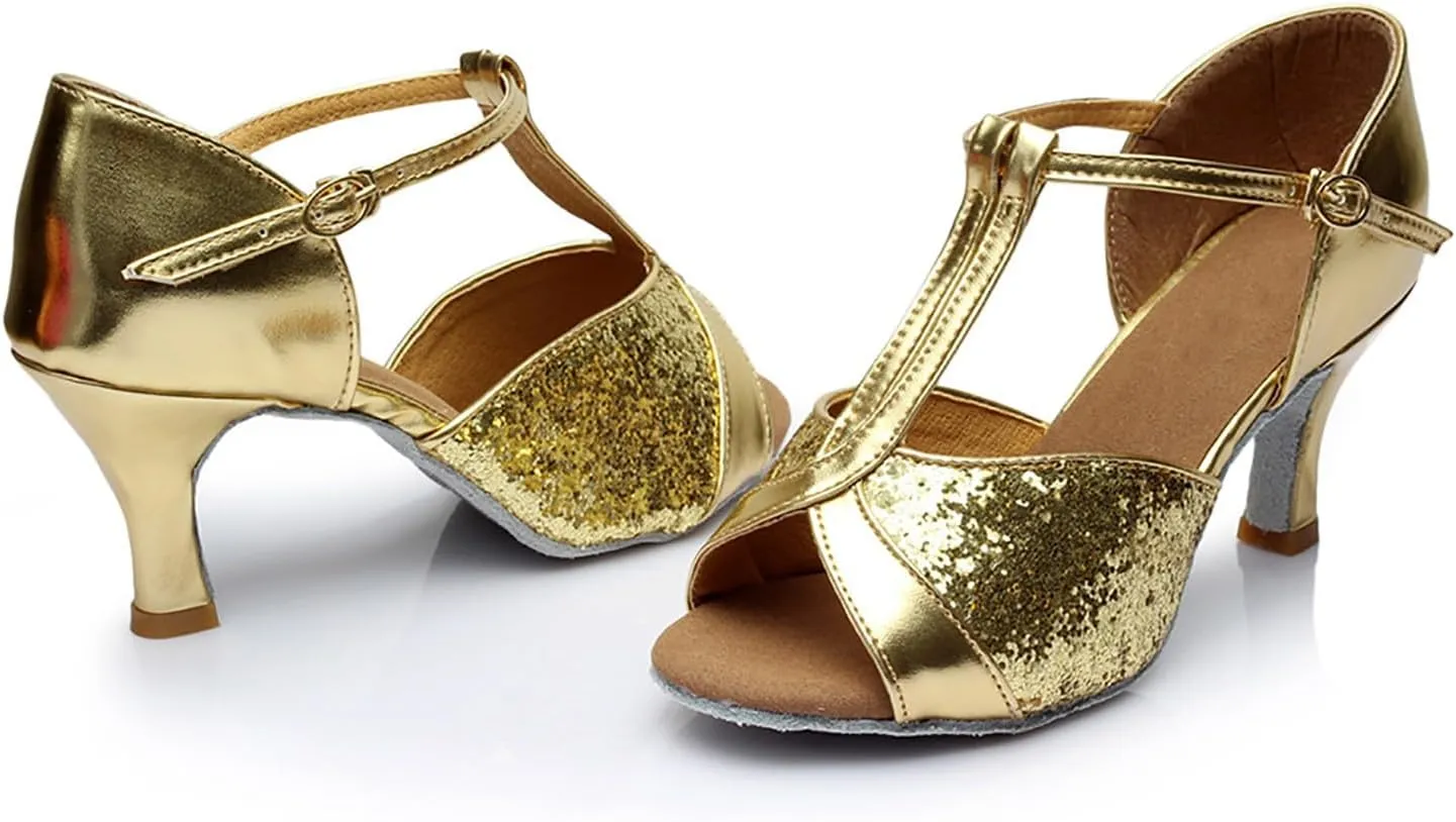 Womens Sandals Buckle Latin Dance Shoes Suede Sole Wedding Performance Dance Summer Open Toe Mid Heels Shoes