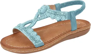 Women's Sandals Comfortable Rhinestone Thong Flat Sandals Summer Open Toe Elastic Ankle Strap Roman Slides Dress Shoes