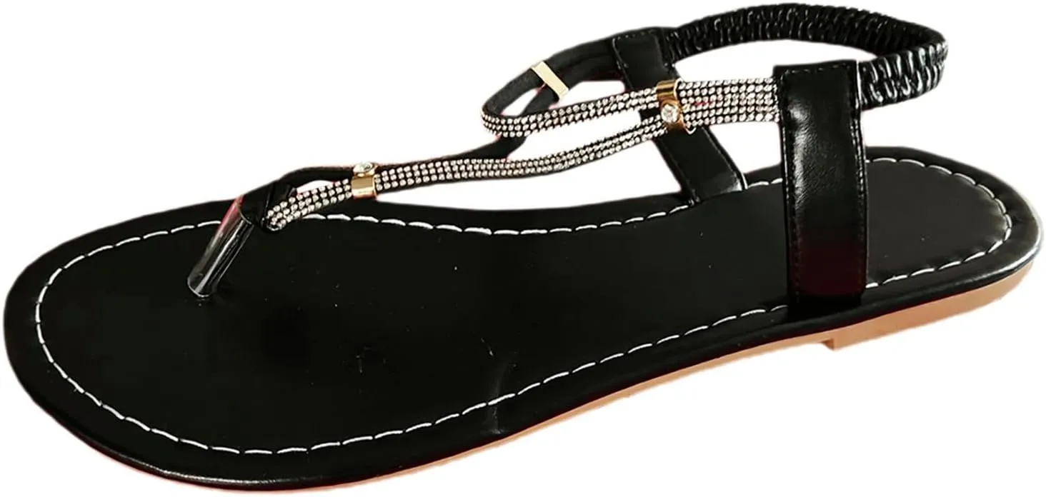 Women's Sandals Comfortable Rhinestone Thong Flat Sandals Summer Open Toe Elastic Ankle Strap Roman Slides Dress Shoes