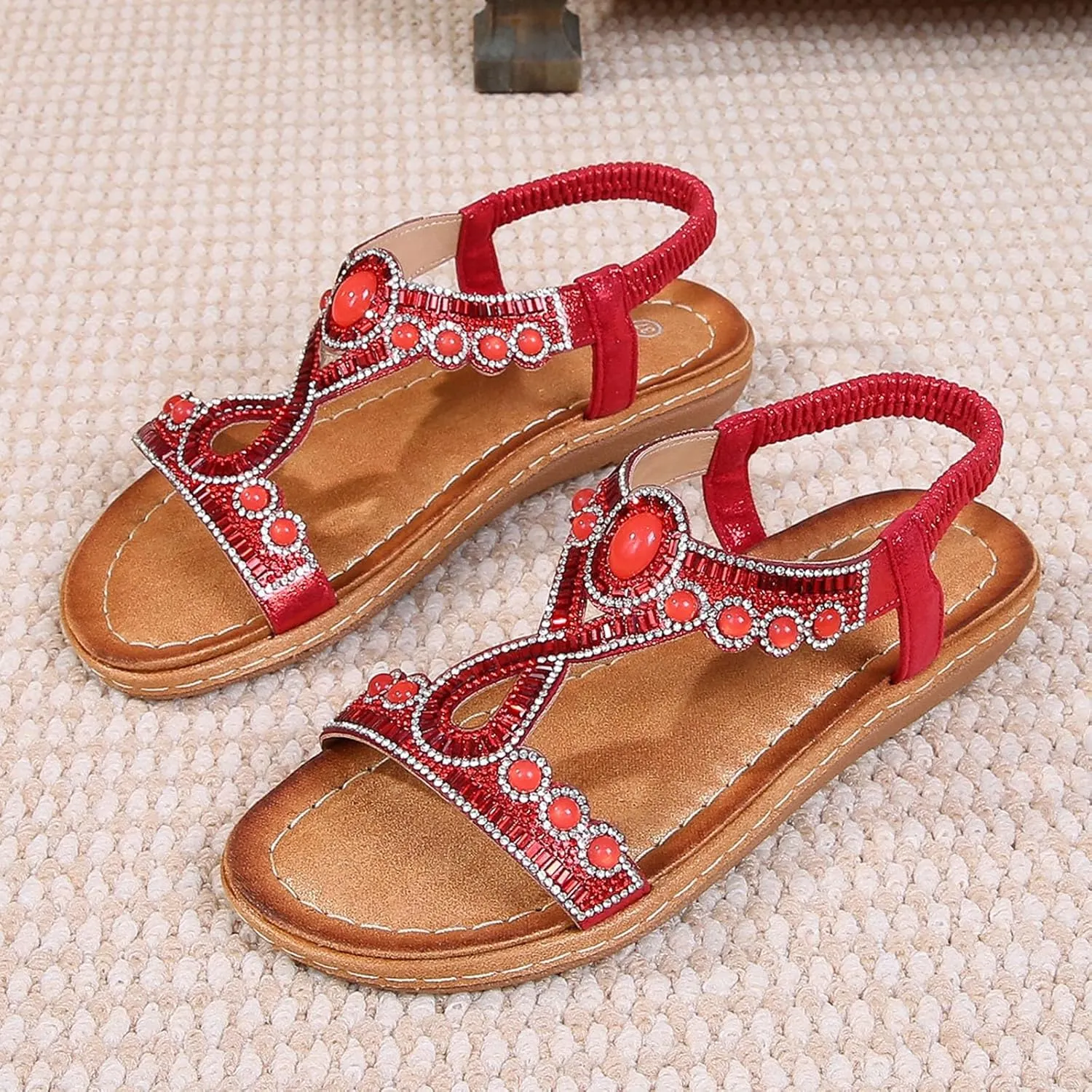 Women's Sandals Comfortable Rhinestone Thong Flat Sandals Summer Open Toe Elastic Ankle Strap Roman Slides Dress Shoes