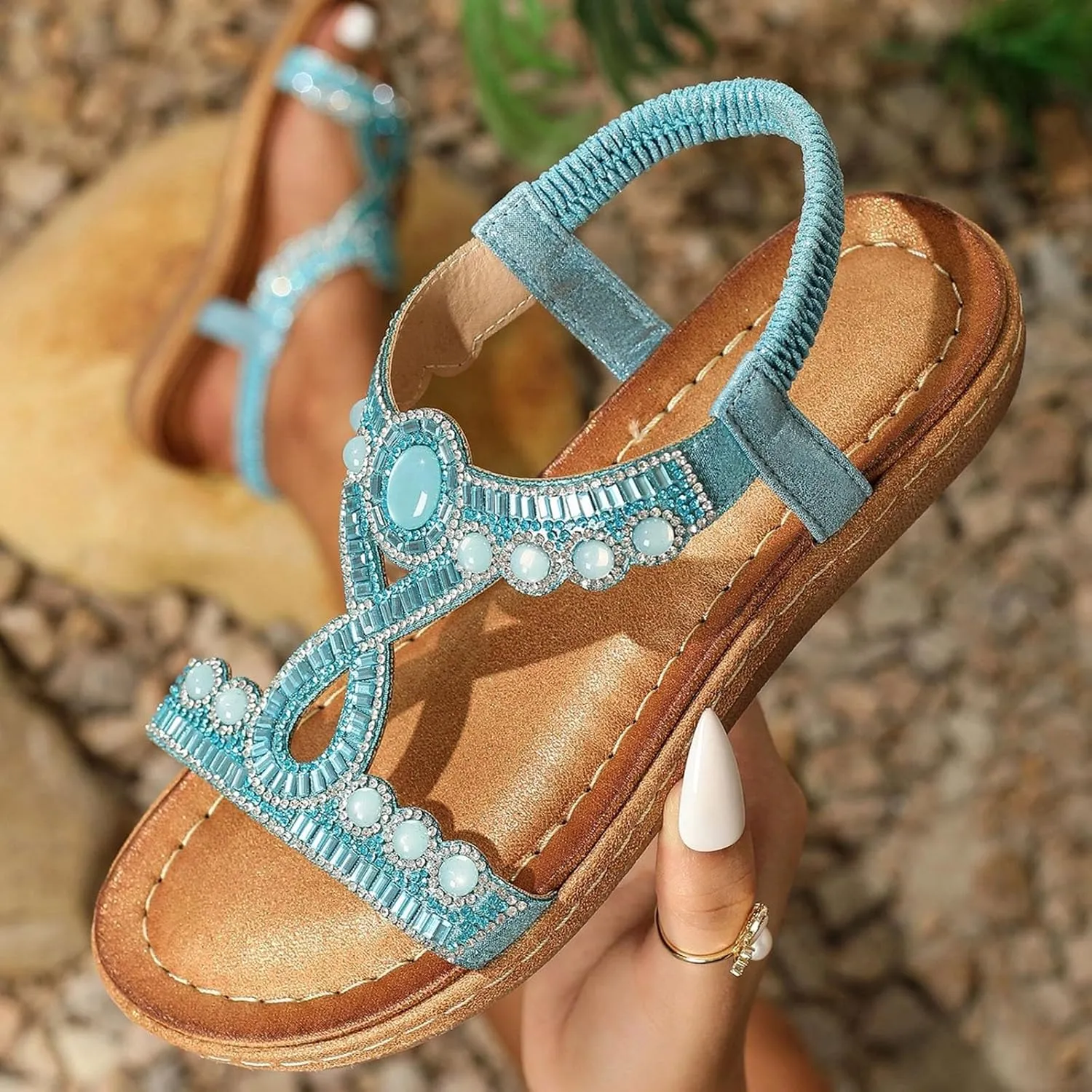 Women's Sandals Comfortable Rhinestone Thong Flat Sandals Summer Open Toe Elastic Ankle Strap Roman Slides Dress Shoes