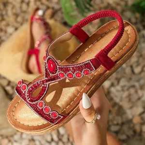 Women's Sandals Comfortable Rhinestone Thong Flat Sandals Summer Open Toe Elastic Ankle Strap Roman Slides Dress Shoes