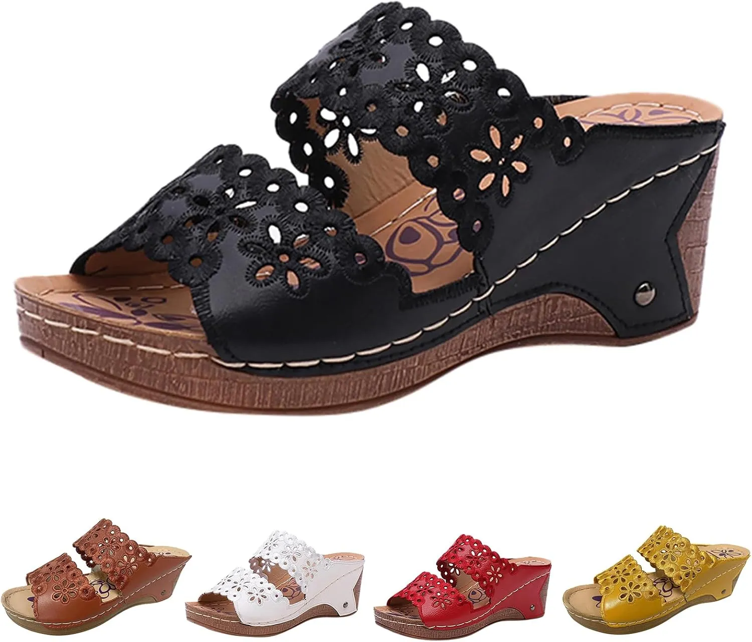 Womens Sandals Open Toe Platform Wedge Casual Summer Hollow Out Breathable Slippers Slip on Orthopedic Arch Support Comfortable Walking Chunky Sandals