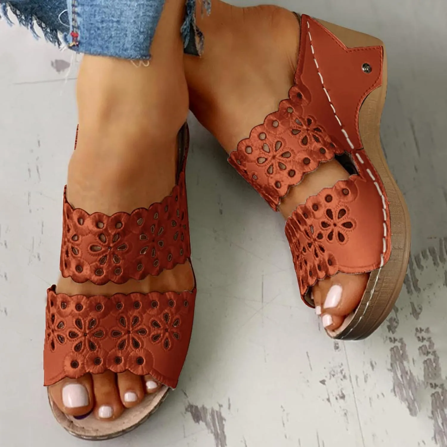 Womens Sandals Open Toe Platform Wedge Casual Summer Hollow Out Breathable Slippers Slip on Orthopedic Arch Support Comfortable Walking Chunky Sandals
