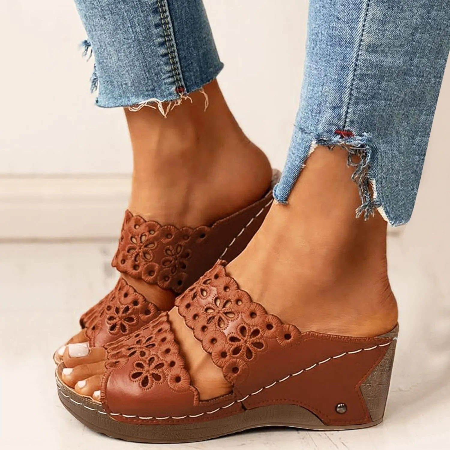 Womens Sandals Open Toe Platform Wedge Casual Summer Hollow Out Breathable Slippers Slip on Orthopedic Arch Support Comfortable Walking Chunky Sandals