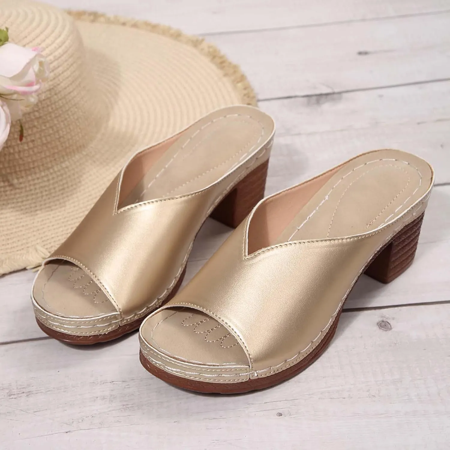 Women's Summer Square High Heel Open Toe Slip On Sandals Breathable Comfortable Casual Yoga Walking Shoes