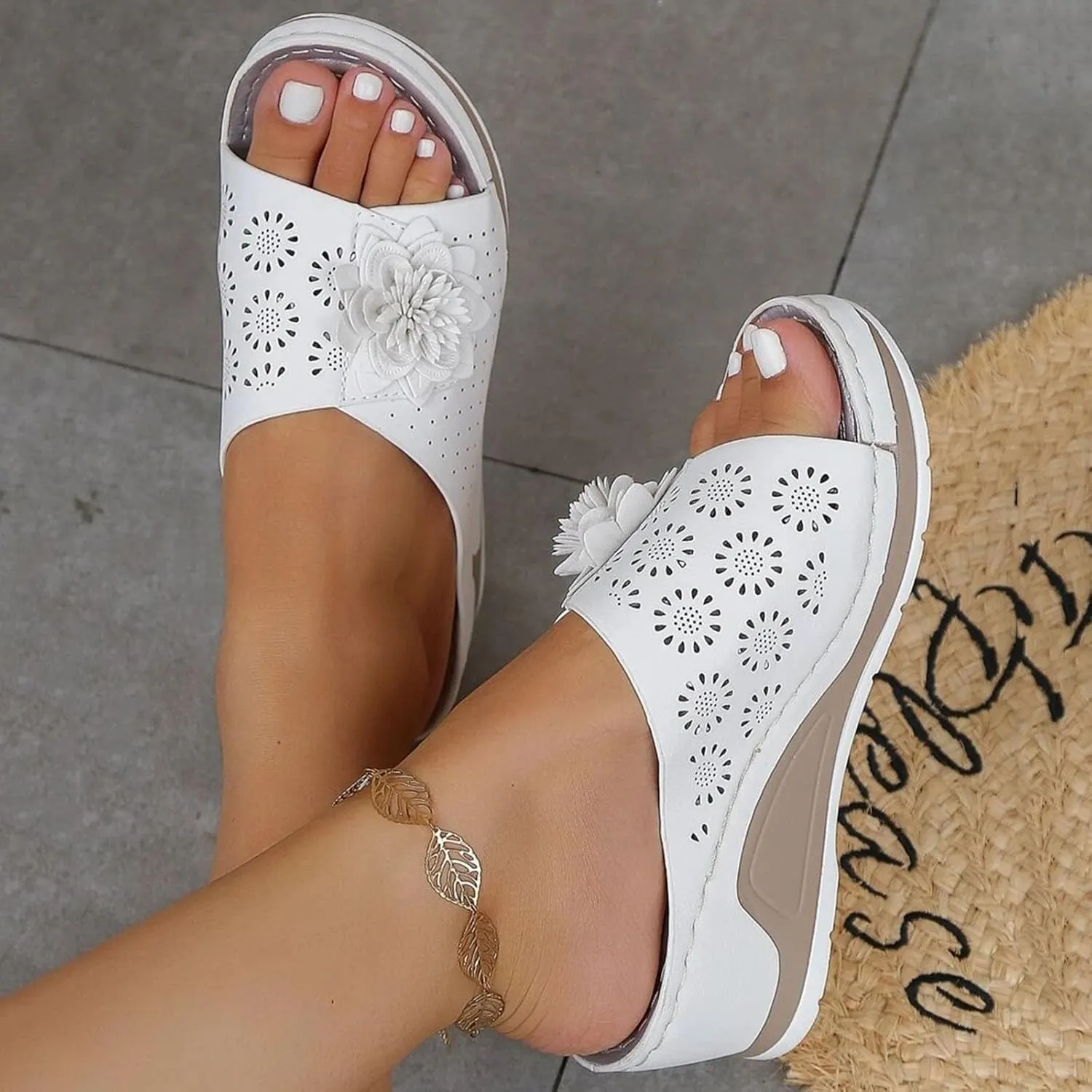 Women's Wedge Sandals Ladies Comfortable Elegant Walking Shoes Cute Open Toe Hollow Out Slides Slippers Comfort Soft Insole Arch Support Sandals Casual Slip On Summer Shoes