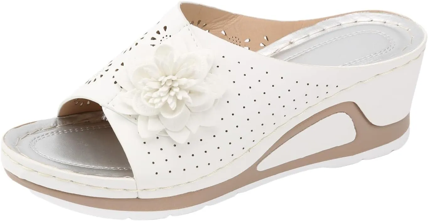 Women's Wedge Sandals Ladies Comfortable Elegant Walking Shoes Cute Open Toe Hollow Out Slides Slippers Comfort Soft Insole Arch Support Sandals Casual Slip On Summer Shoes