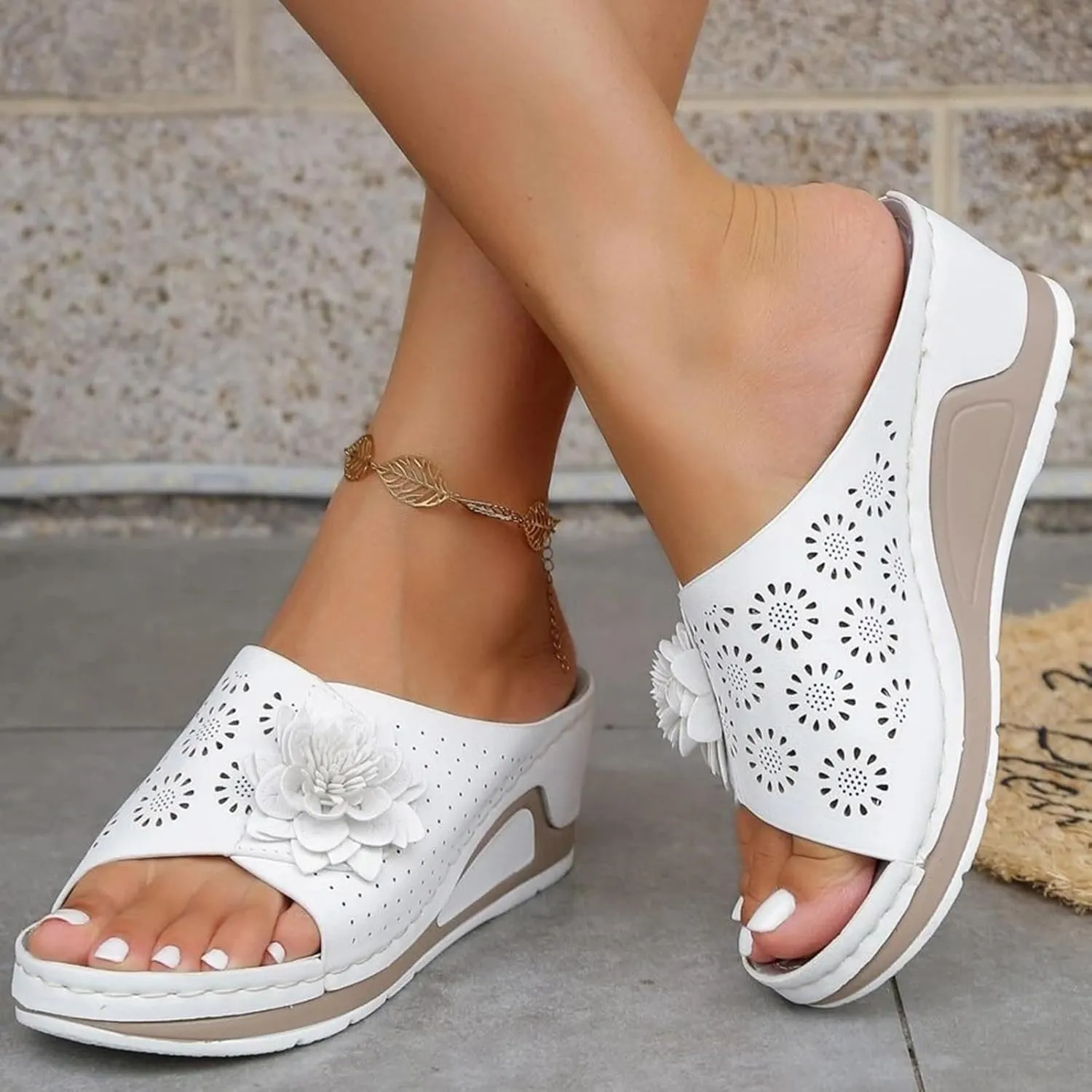 Women's Wedge Sandals Ladies Comfortable Elegant Walking Shoes Cute Open Toe Hollow Out Slides Slippers Comfort Soft Insole Arch Support Sandals Casual Slip On Summer Shoes