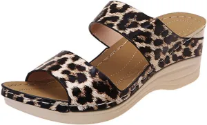 Womens Wedge Sandals Summer Dressy Leopard Print Platform Sandals, Two Band Slip on Comfortable Wedges Casual Open Toe Orthopedic Sandal Slippers for Women