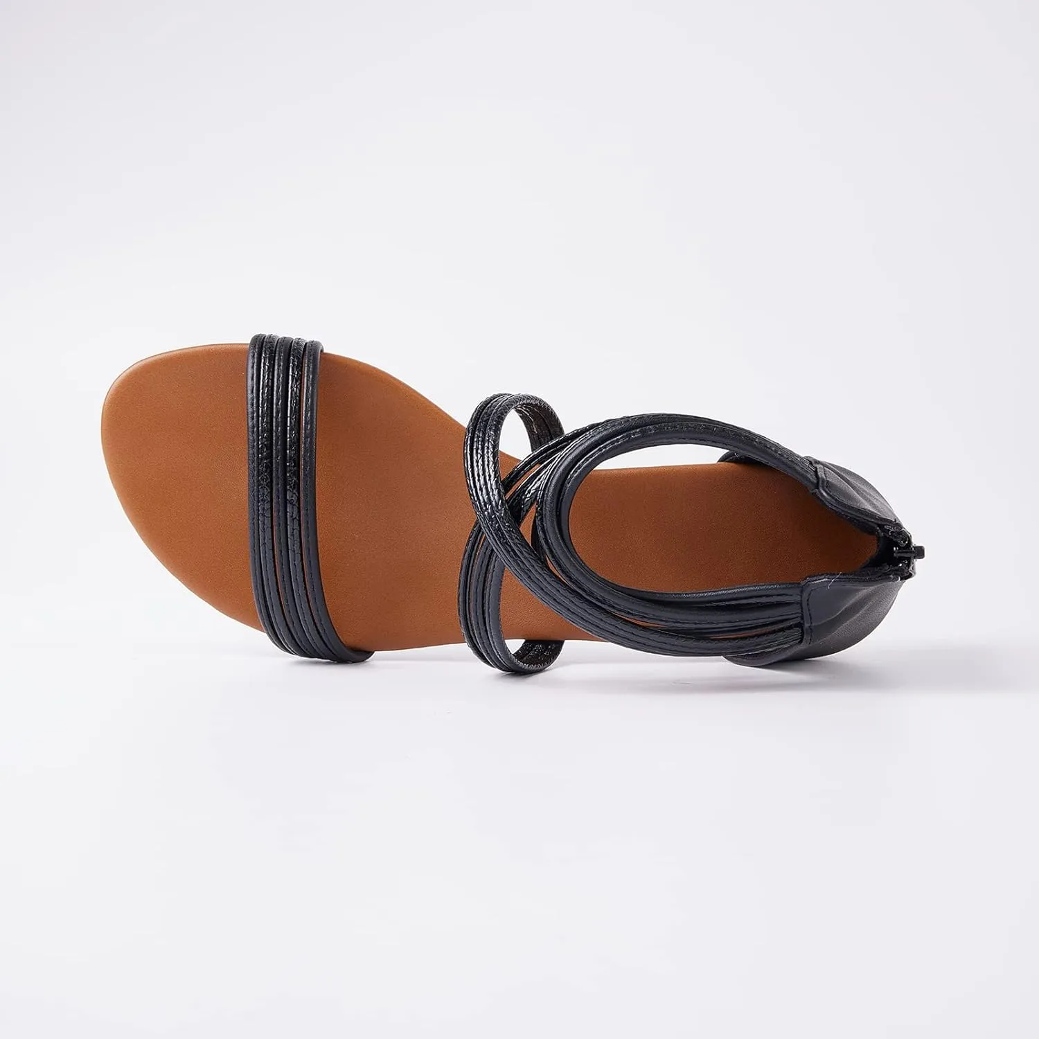YEOJOU Gladiator Sandals for Women Strappy Leather Flat Sandals Open Toe Ankle Strap Back Zipper Comfortable Dressy Summer Shoes