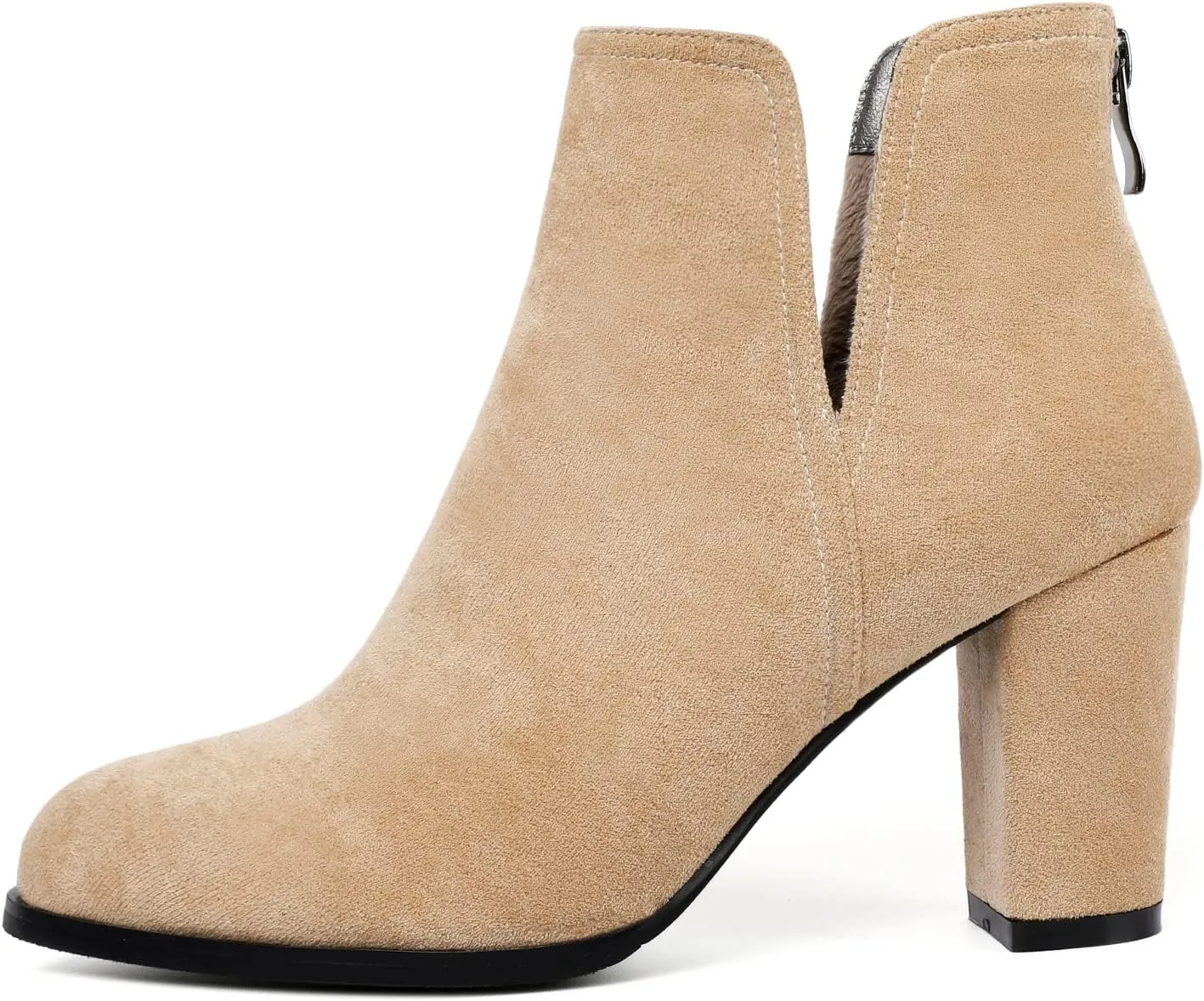 Zamikoo Women's Ankle Boots, Chunky Heel Round Toe Ankle Booties, Dressy Comfortable Block Heel Fall Boots Back Zip 3.5 Inch with Fur