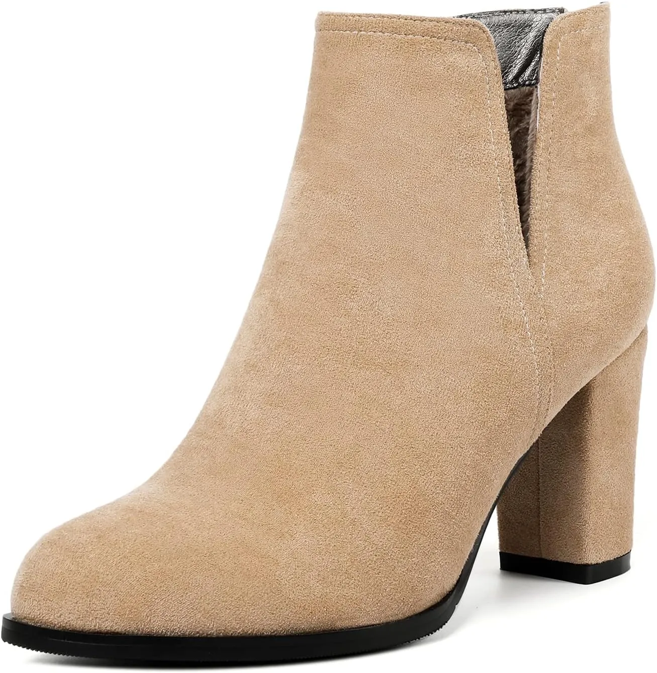 Zamikoo Women's Ankle Boots, Chunky Heel Round Toe Ankle Booties, Dressy Comfortable Block Heel Fall Boots Back Zip 3.5 Inch with Fur
