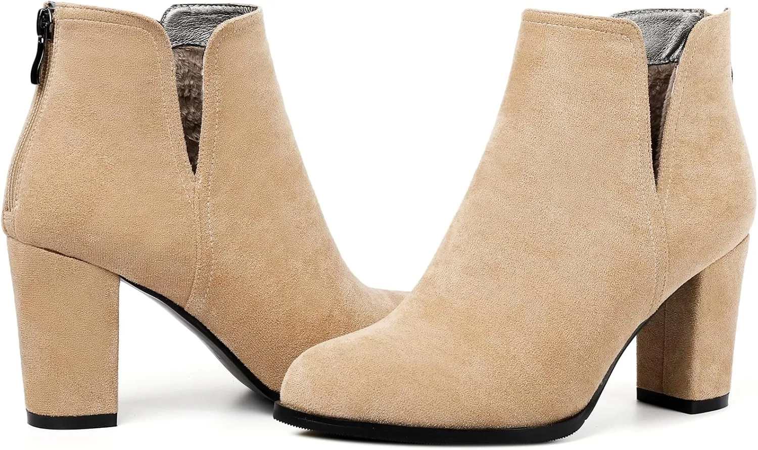 Zamikoo Women's Ankle Boots, Chunky Heel Round Toe Ankle Booties, Dressy Comfortable Block Heel Fall Boots Back Zip 3.5 Inch with Fur